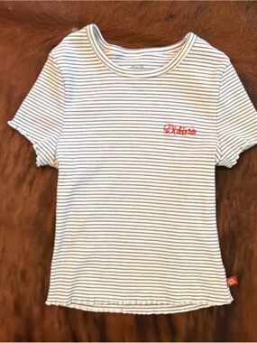 Dickies White Tee with Navy Stripes and Red Script Logo